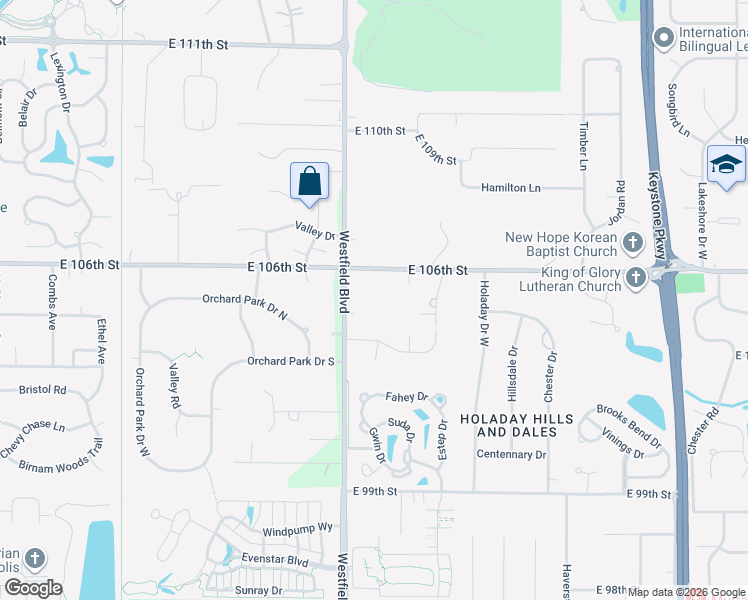 map of restaurants, bars, coffee shops, grocery stores, and more near 1769 East 106th Street in Carmel