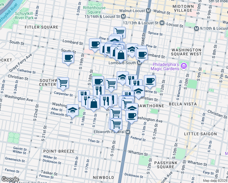 map of restaurants, bars, coffee shops, grocery stores, and more near 1527 Christian Street in Philadelphia