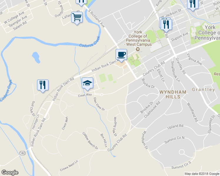 map of restaurants, bars, coffee shops, grocery stores, and more near 1000 Indian Rock Dam Road in York