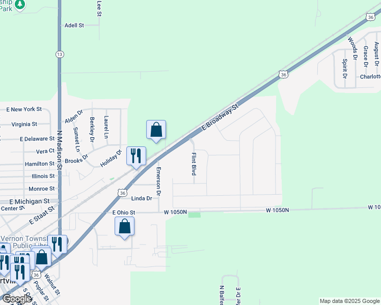 map of restaurants, bars, coffee shops, grocery stores, and more near 590 Flint Boulevard in Fortville