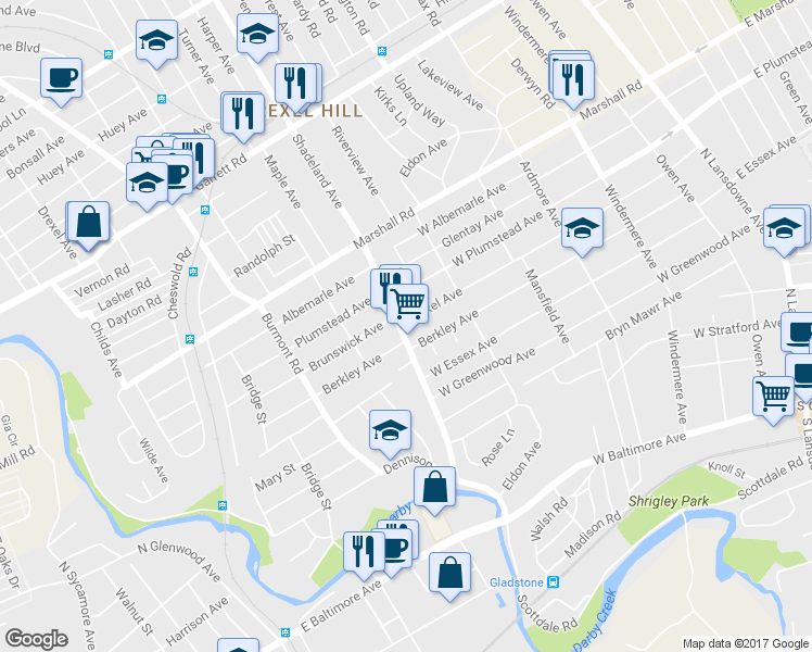 map of restaurants, bars, coffee shops, grocery stores, and more near 209 Shadeland Avenue in Lansdowne