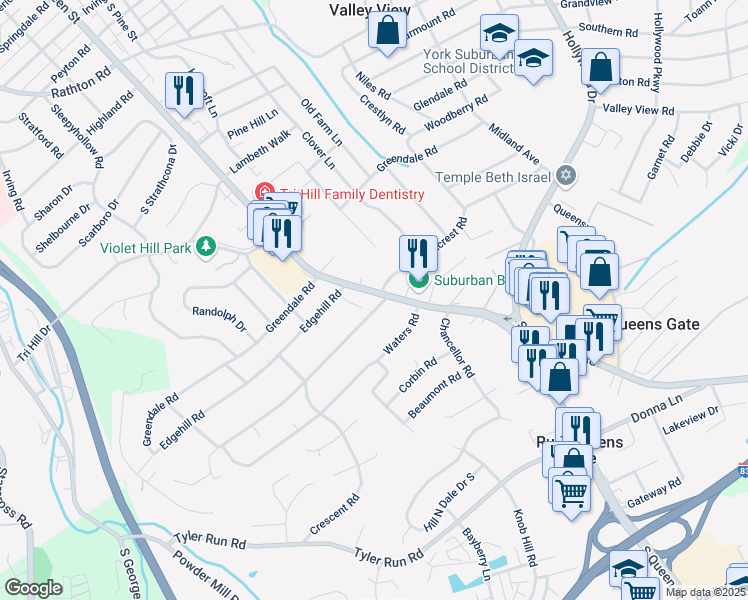 map of restaurants, bars, coffee shops, grocery stores, and more near 1860 South Queen Street in York