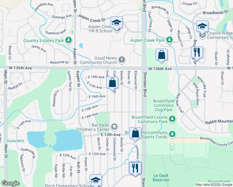 map of restaurants, bars, coffee shops, grocery stores, and more near 1686 Cottonwood Street in Broomfield