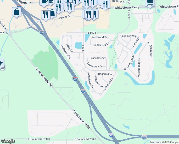 map of restaurants, bars, coffee shops, grocery stores, and more near 6719 Wimbledon Drive in Zionsville