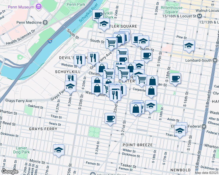 map of restaurants, bars, coffee shops, grocery stores, and more near 929 South 23rd Street in Philadelphia