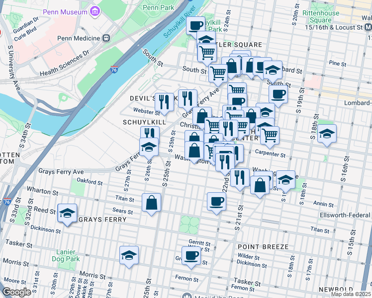 map of restaurants, bars, coffee shops, grocery stores, and more near 2416 Kimball Street in Philadelphia