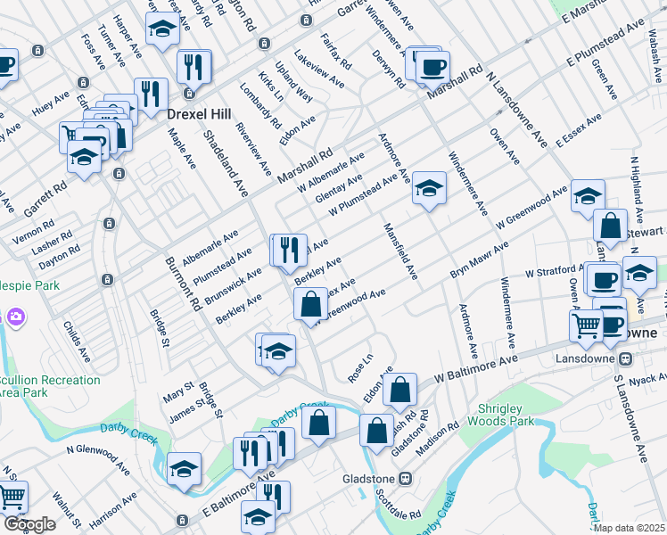map of restaurants, bars, coffee shops, grocery stores, and more near 238 Berkley Avenue in Lansdowne