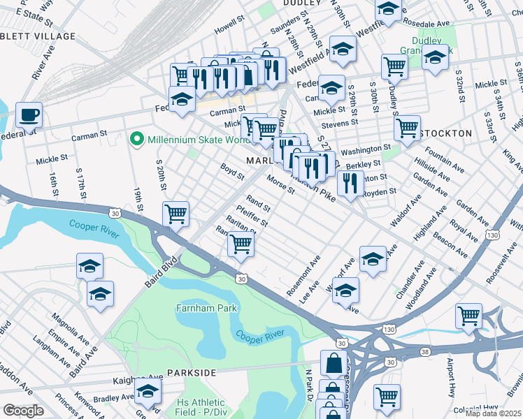map of restaurants, bars, coffee shops, grocery stores, and more near 407 Rand Street in Camden