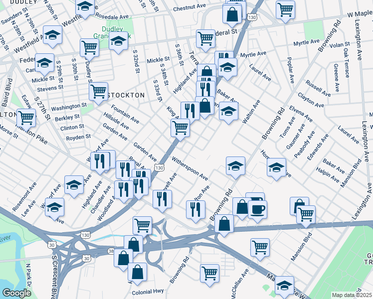 map of restaurants, bars, coffee shops, grocery stores, and more near 4035 Burwood Avenue in Pennsauken Township