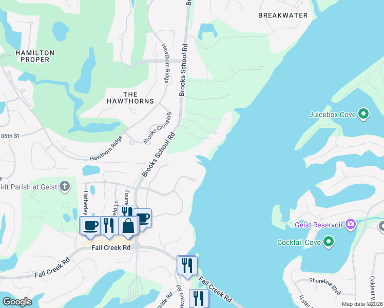 map of restaurants, bars, coffee shops, grocery stores, and more near 10582 Brooks School Road in Fishers