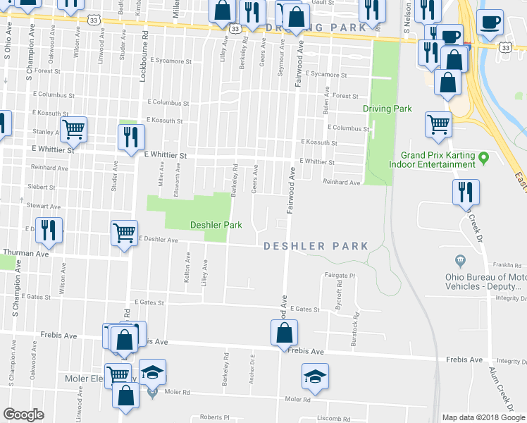map of restaurants, bars, coffee shops, grocery stores, and more near 1279 Seymour Avenue in Columbus