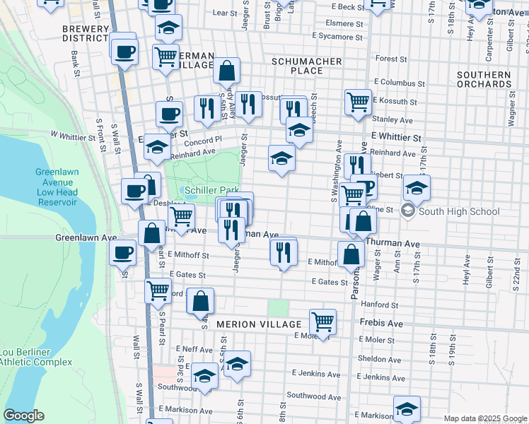 map of restaurants, bars, coffee shops, grocery stores, and more near 271 East Deshler Avenue in Columbus