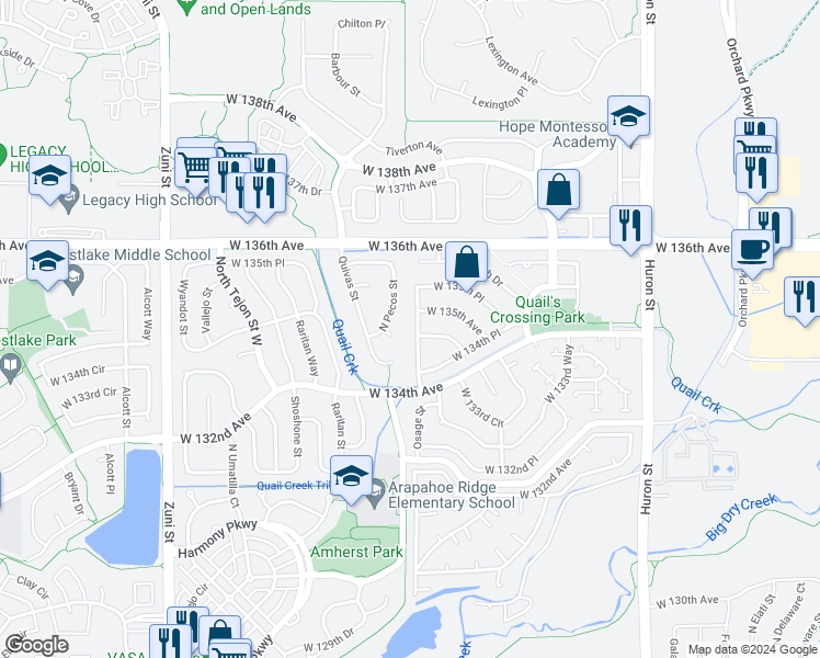 map of restaurants, bars, coffee shops, grocery stores, and more near 13471 Osage Street in Westminster