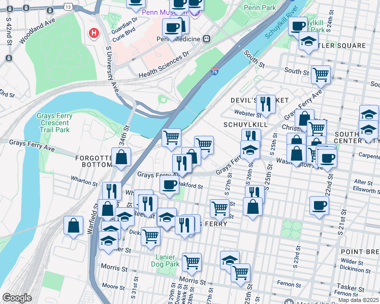 map of restaurants, bars, coffee shops, grocery stores, and more near 2904 Ellsworth Street in Philadelphia