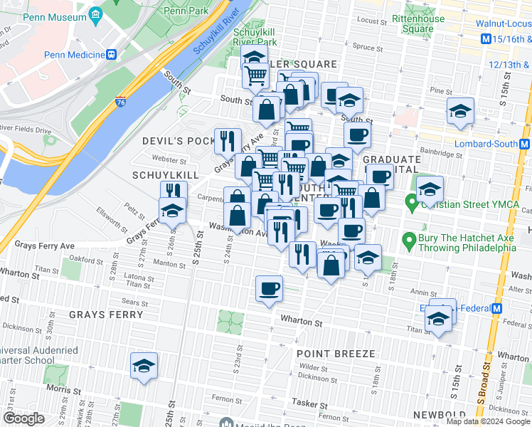 map of restaurants, bars, coffee shops, grocery stores, and more near 2247 Kimball Street in Philadelphia