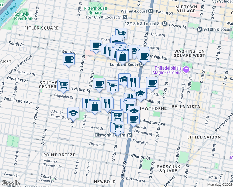 map of restaurants, bars, coffee shops, grocery stores, and more near 1523 Christian Street in Philadelphia