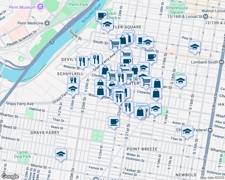 map of restaurants, bars, coffee shops, grocery stores, and more near 2247 Kimball Street in Philadelphia