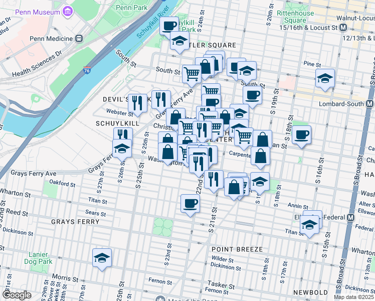map of restaurants, bars, coffee shops, grocery stores, and more near 2249 Kimball Street in Philadelphia