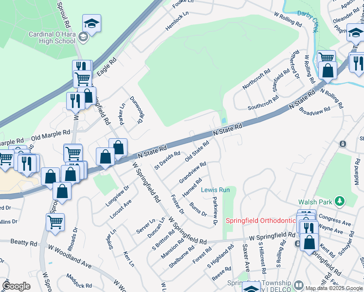 map of restaurants, bars, coffee shops, grocery stores, and more near 70 Saint Davids Road in Springfield