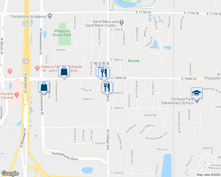 map of restaurants, bars, coffee shops, grocery stores, and more near 10505 North College Avenue in Indianapolis