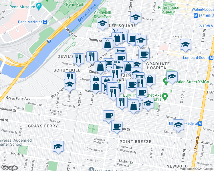 map of restaurants, bars, coffee shops, grocery stores, and more near 2249 Kimball Street in Philadelphia