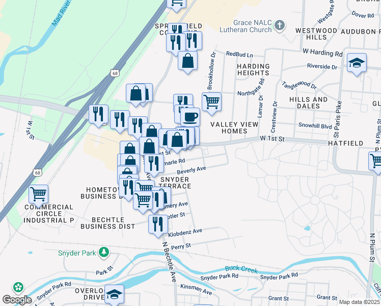 map of restaurants, bars, coffee shops, grocery stores, and more near 1325 West 1st Street in Springfield