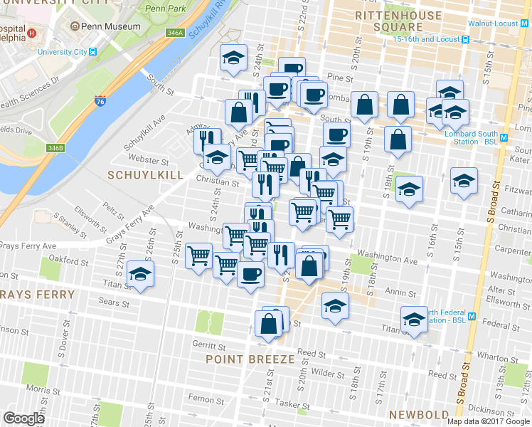 map of restaurants, bars, coffee shops, grocery stores, and more near 1002 South 22nd Street in Philadelphia