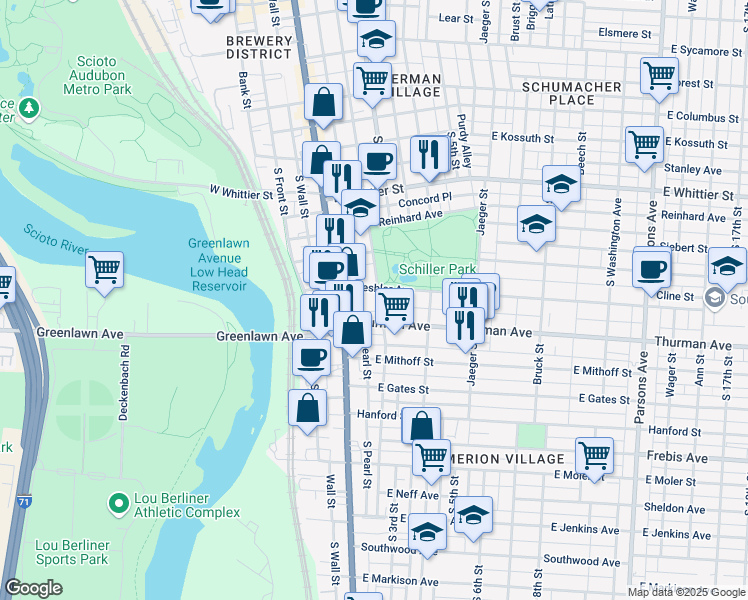 map of restaurants, bars, coffee shops, grocery stores, and more near 1061 City Park Avenue in Columbus