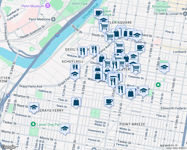 map of restaurants, bars, coffee shops, grocery stores, and more near 2416 Kimball Street in Philadelphia