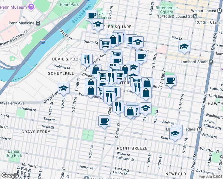 map of restaurants, bars, coffee shops, grocery stores, and more near 1002 South 22nd Street in Philadelphia