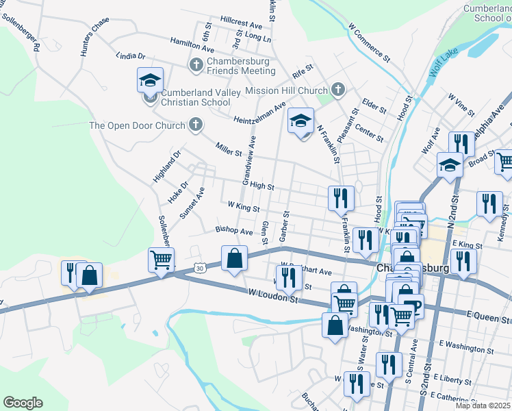 map of restaurants, bars, coffee shops, grocery stores, and more near 529 East King Street in Chambersburg