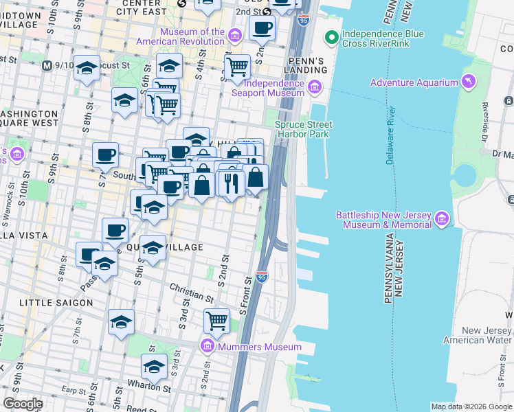 map of restaurants, bars, coffee shops, grocery stores, and more near 612 South Front Street in Philadelphia