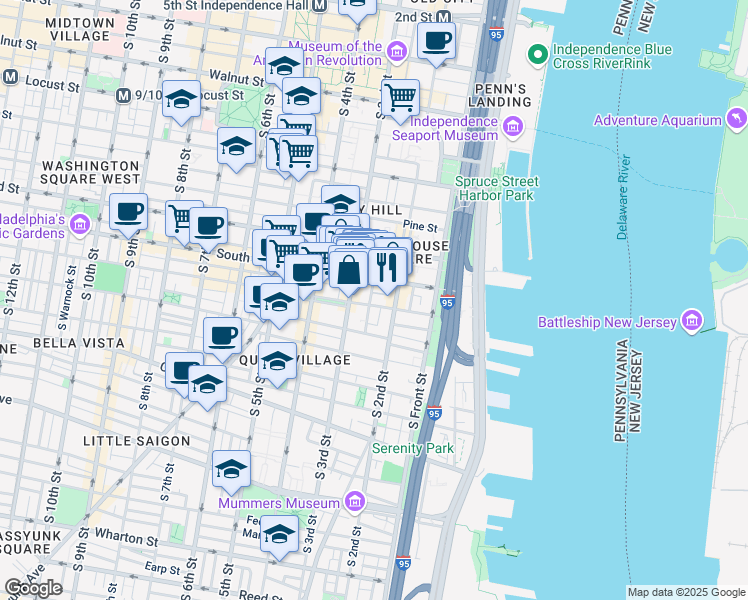 map of restaurants, bars, coffee shops, grocery stores, and more near 221 Bainbridge Street in Philadelphia
