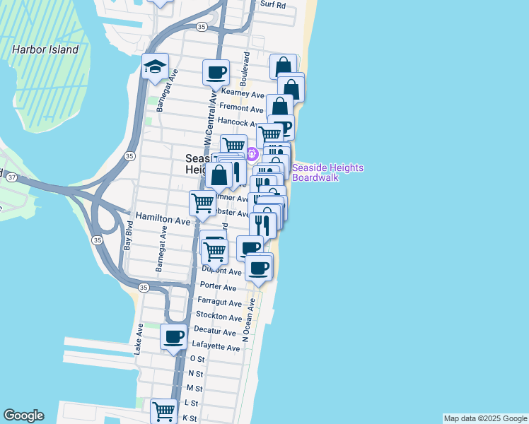 map of restaurants, bars, coffee shops, grocery stores, and more near 16 Webster Avenue in Seaside Heights