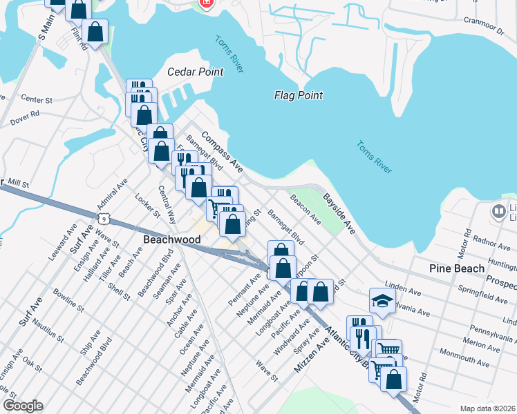 map of restaurants, bars, coffee shops, grocery stores, and more near 342 Barnegat Boulevard in Beachwood