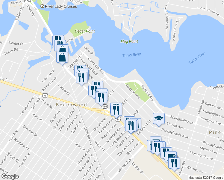map of restaurants, bars, coffee shops, grocery stores, and more near 342 Barnegat Boulevard in Beachwood