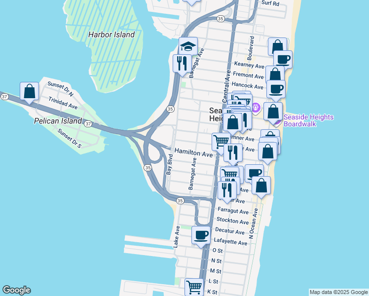 map of restaurants, bars, coffee shops, grocery stores, and more near 330 Hamilton Avenue in Seaside Heights