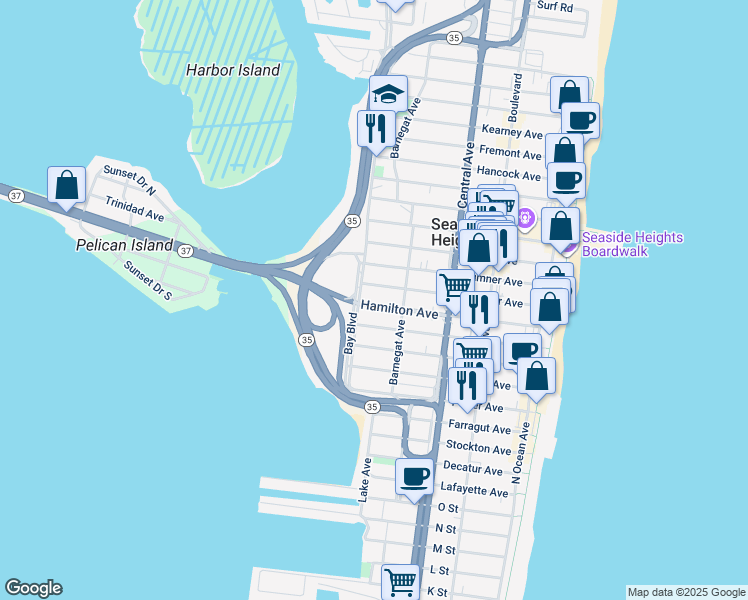 map of restaurants, bars, coffee shops, grocery stores, and more near 330 Hamilton Avenue in Seaside Heights