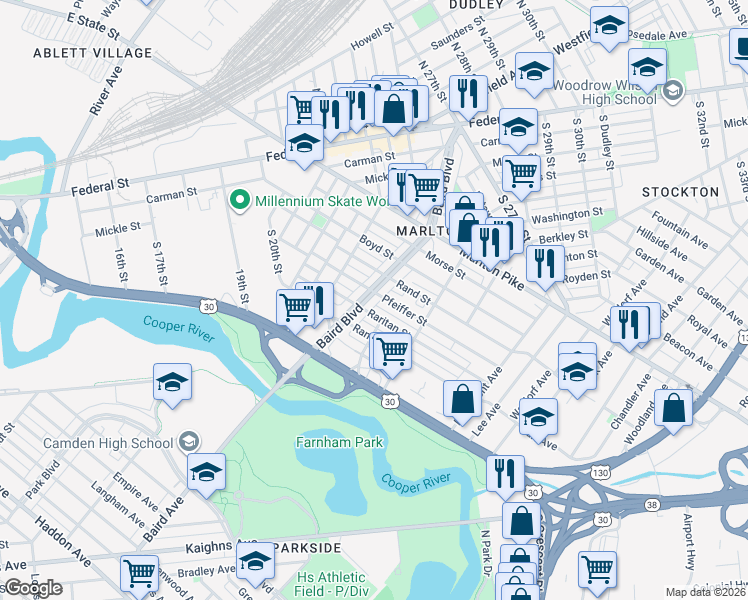 map of restaurants, bars, coffee shops, grocery stores, and more near 407 Pfeiffer Street in Camden