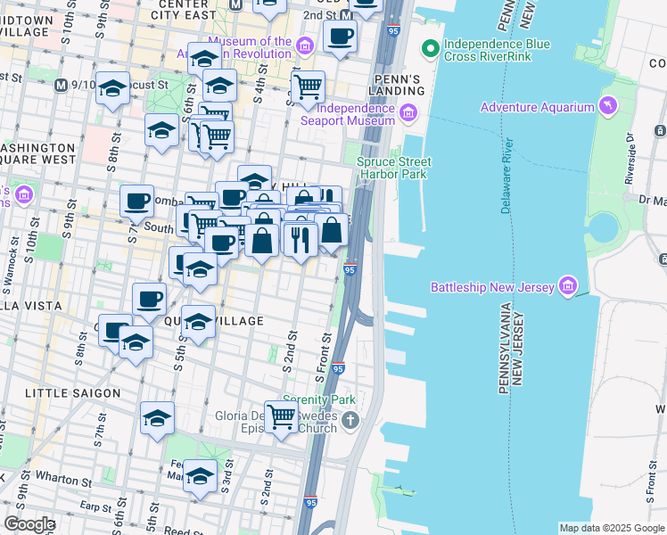 map of restaurants, bars, coffee shops, grocery stores, and more near 614 South Front Street in Philadelphia