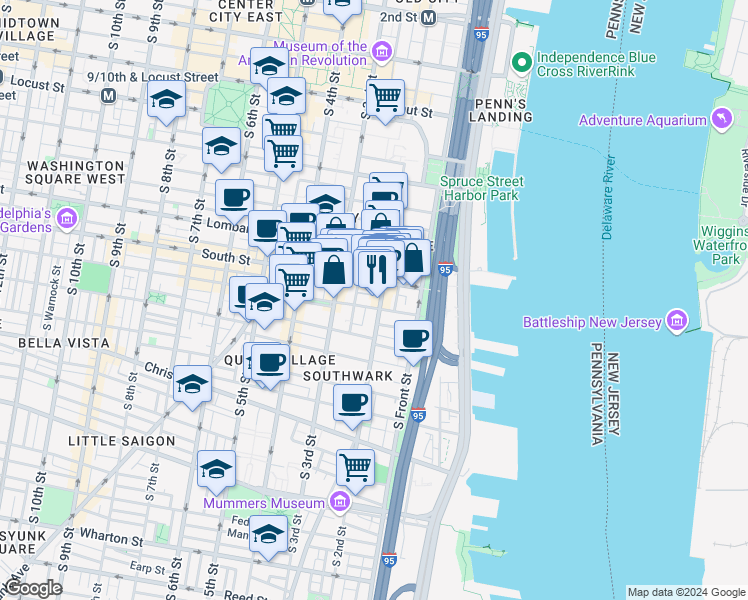 map of restaurants, bars, coffee shops, grocery stores, and more near 621 South 2nd Street in Philadelphia