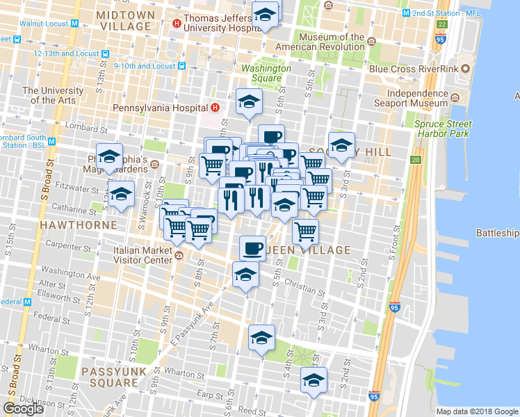 map of restaurants, bars, coffee shops, grocery stores, and more near in Philadelphia