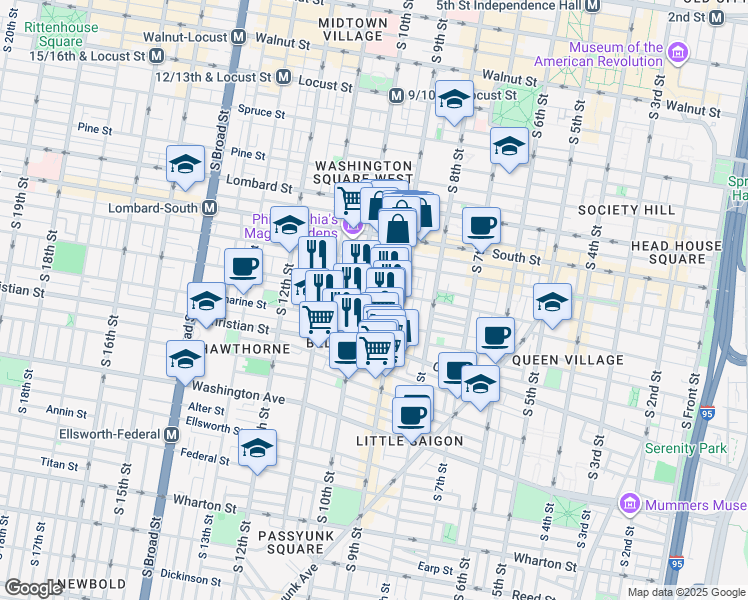map of restaurants, bars, coffee shops, grocery stores, and more near 710 South Hutchinson Street in Philadelphia