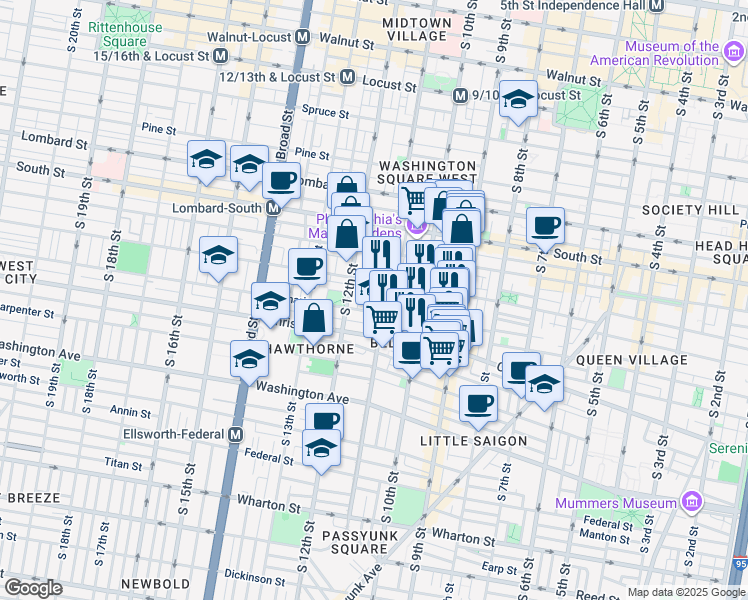 map of restaurants, bars, coffee shops, grocery stores, and more near 1800 Green Street in Philadelphia