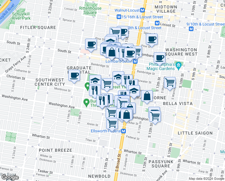 map of restaurants, bars, coffee shops, grocery stores, and more near 814 South 15th Street in Philadelphia