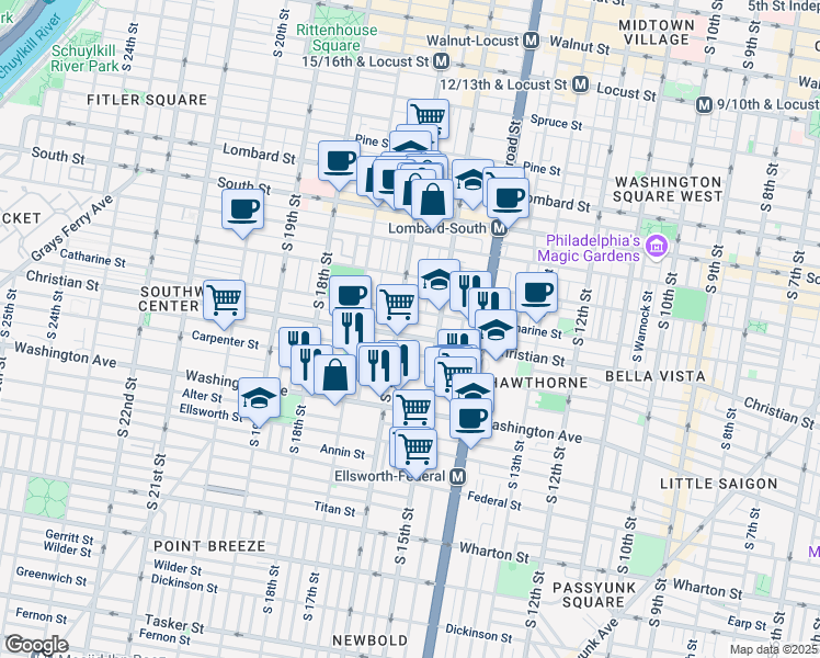 map of restaurants, bars, coffee shops, grocery stores, and more near 1601 Christian Street in Philadelphia