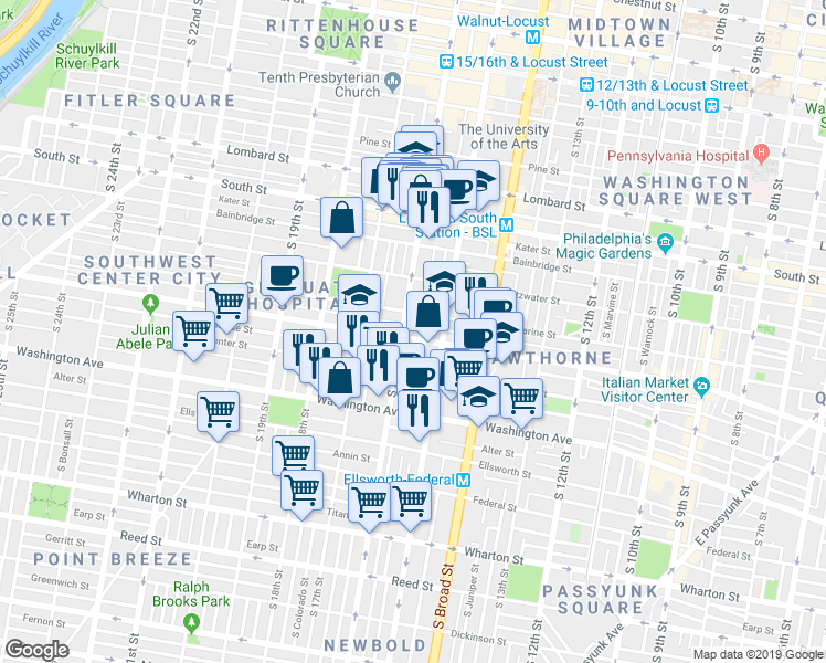 map of restaurants, bars, coffee shops, grocery stores, and more near 1601 Christian Street in Philadelphia