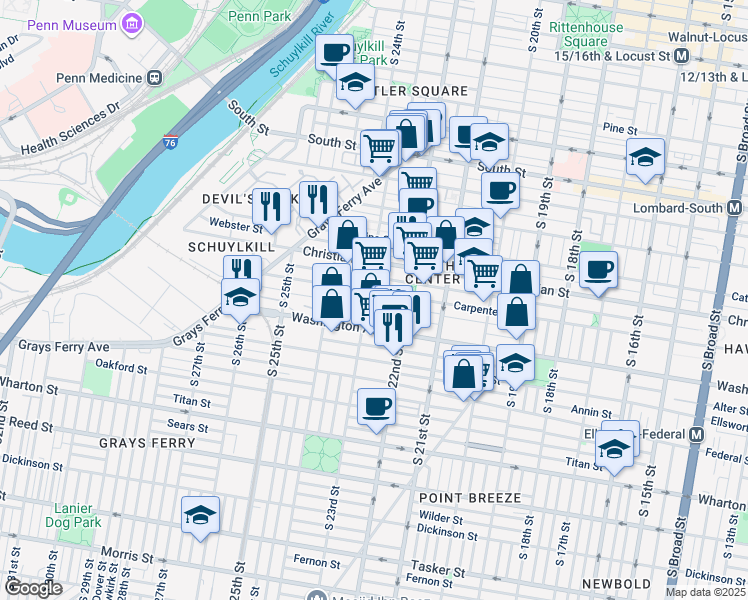 map of restaurants, bars, coffee shops, grocery stores, and more near 929 South 23rd Street in Philadelphia