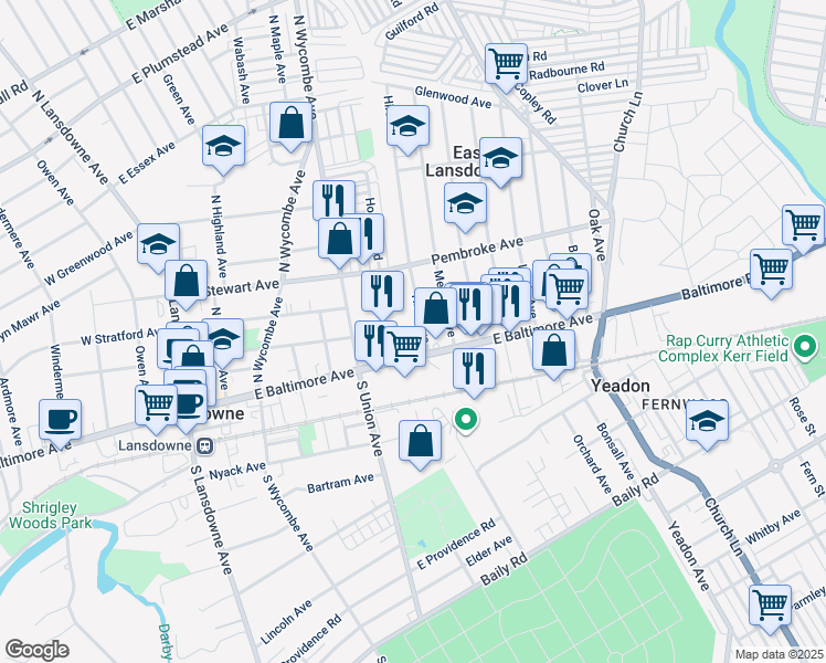 map of restaurants, bars, coffee shops, grocery stores, and more near 24 Hirst Avenue in Lansdowne