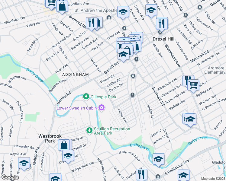 map of restaurants, bars, coffee shops, grocery stores, and more near 4050 Dayton Road in Drexel Hill